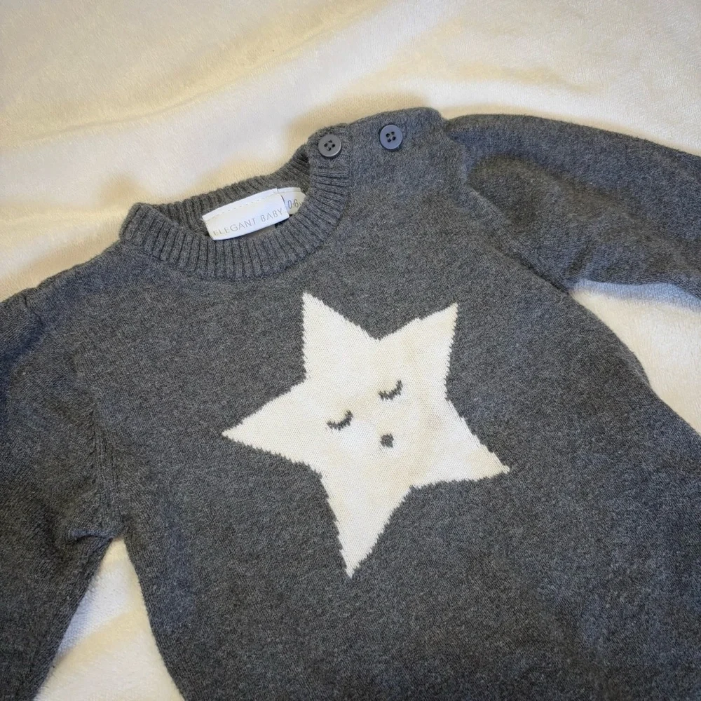 Elegant baby sweater outfit with star 0-6 months baby boy grey
